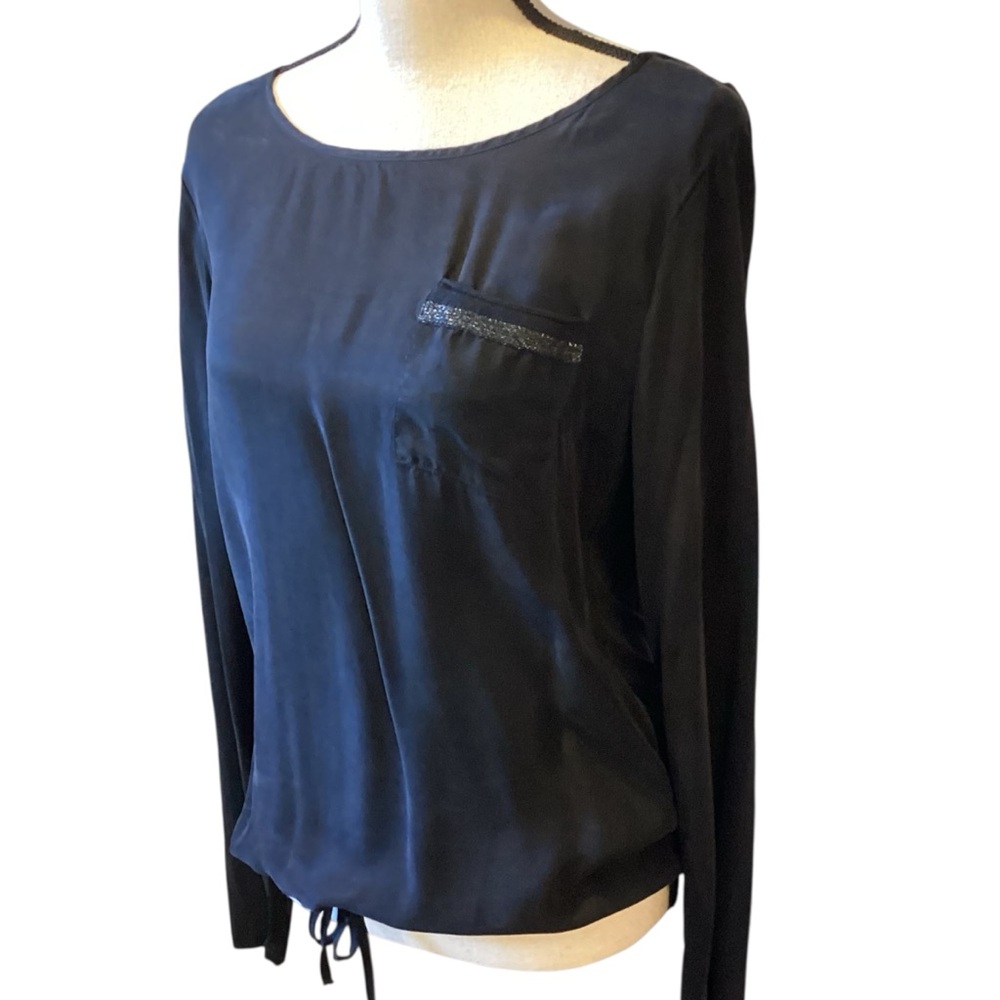 EsQualo Vegan Silk Blend Black Slinky‎ Long Sleeve Blouse Drawstring Hem Size 6